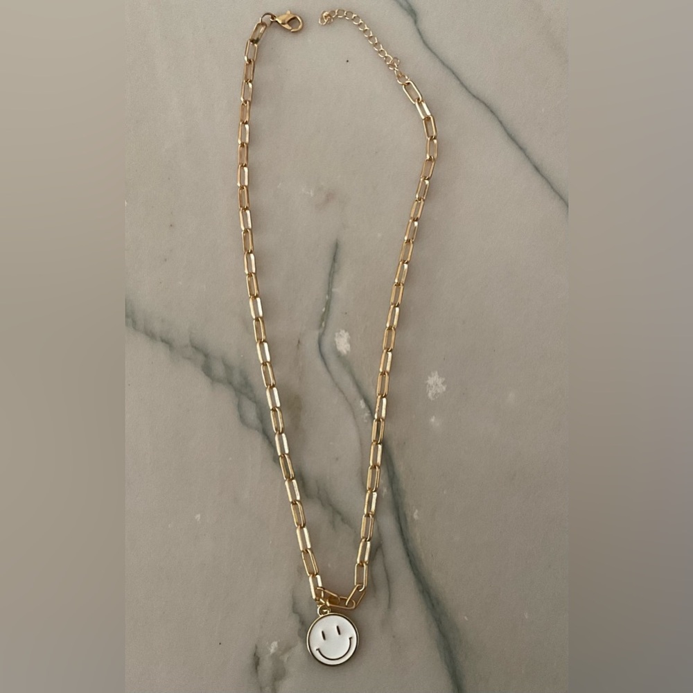 Smiley Face Necklace with White Face gold tone chain